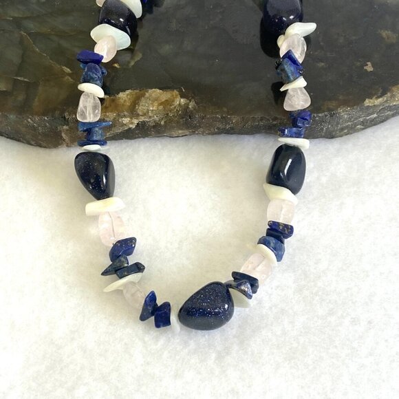 Sterling Silver 925 Sodalite Quartz MOP Blue Goldstone Beaded Necklace 17.5" - Picture 5 of 16